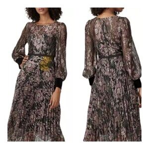 NISSA Black Pink Floral Lace Velvet Trim Knee Length Pleated Cocktail Dress 10